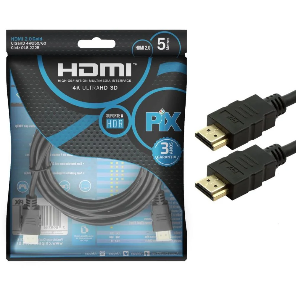 Imagem 3 de 4 do produto Cabo HDMI Chip Sce Pix 19 Pinos, 5M, 3D, 4K - 018-2225