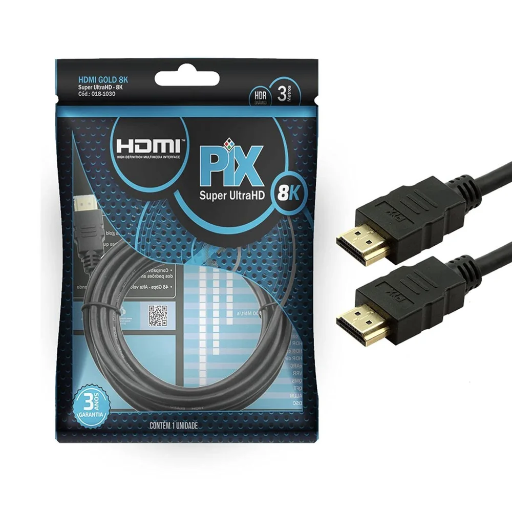 Imagem 2 de 5 do produto Cabo Pix HDMI 8k 2.1, 3 Metros Ultra HD HDR Dinamico, Pontas Gold 018-1030