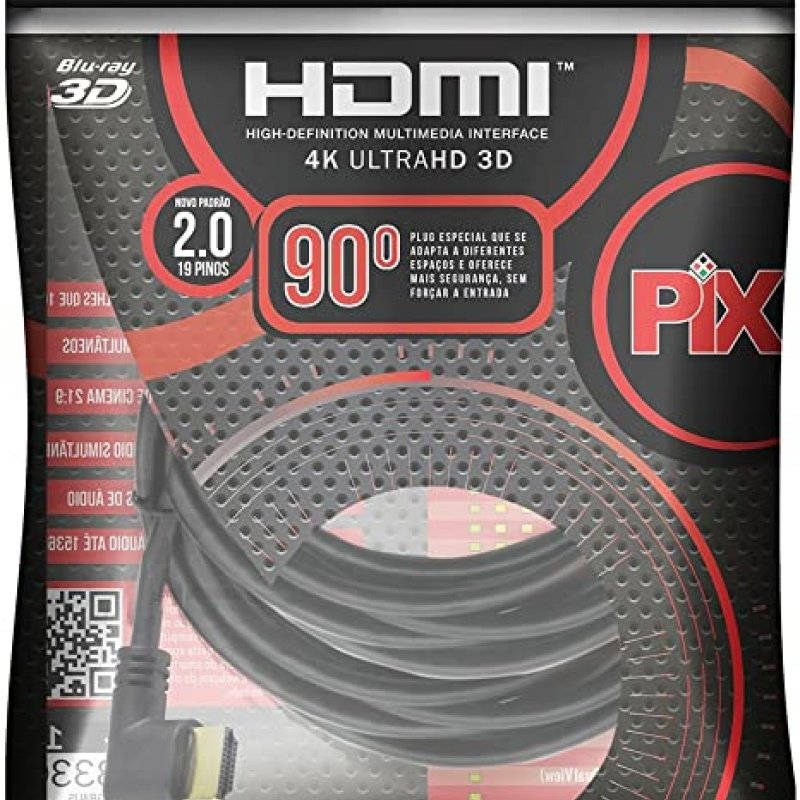 Cabo HDMI Pix Gold, 90 Graus, 2.0, 4K, HDR, 19P, 10M - 018-3330