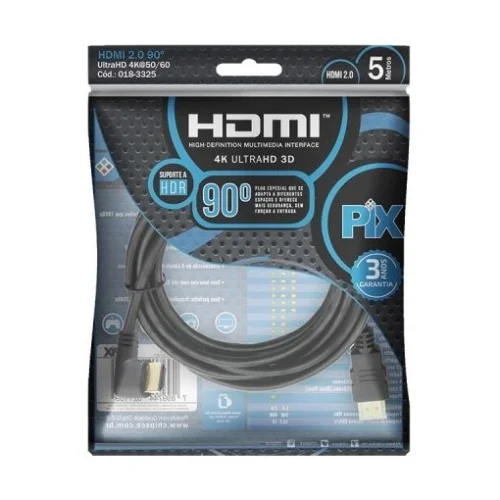Imagem 3 de 5 do produto Cabo HDMI L Pix, 5M, 90 Graus, Blindado, 2.0 Ethernet, 4K - 3D018-3325