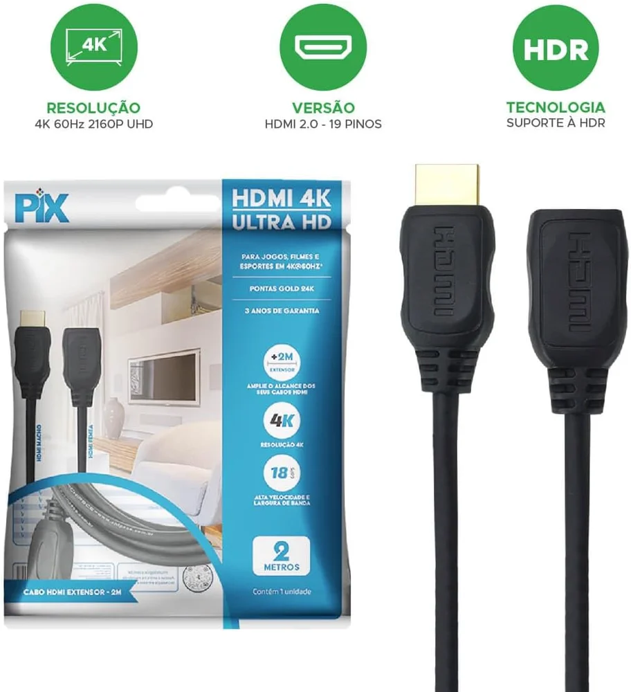 Imagem 4 de 5 do produto Cabo HDMI Pix Macho X HDMI Fêmea Extensor 4k HDR 018-9420 2m