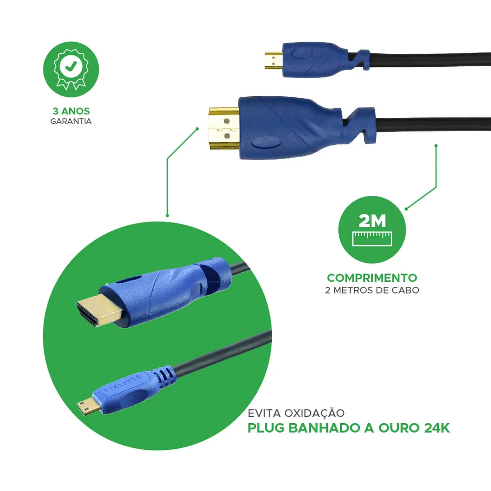 Imagem 3 de 5 do produto Cabo Micro HDMI x HDMI Pix, 2M, 2.0, Ultra HD 4K, 3D - 018-9410