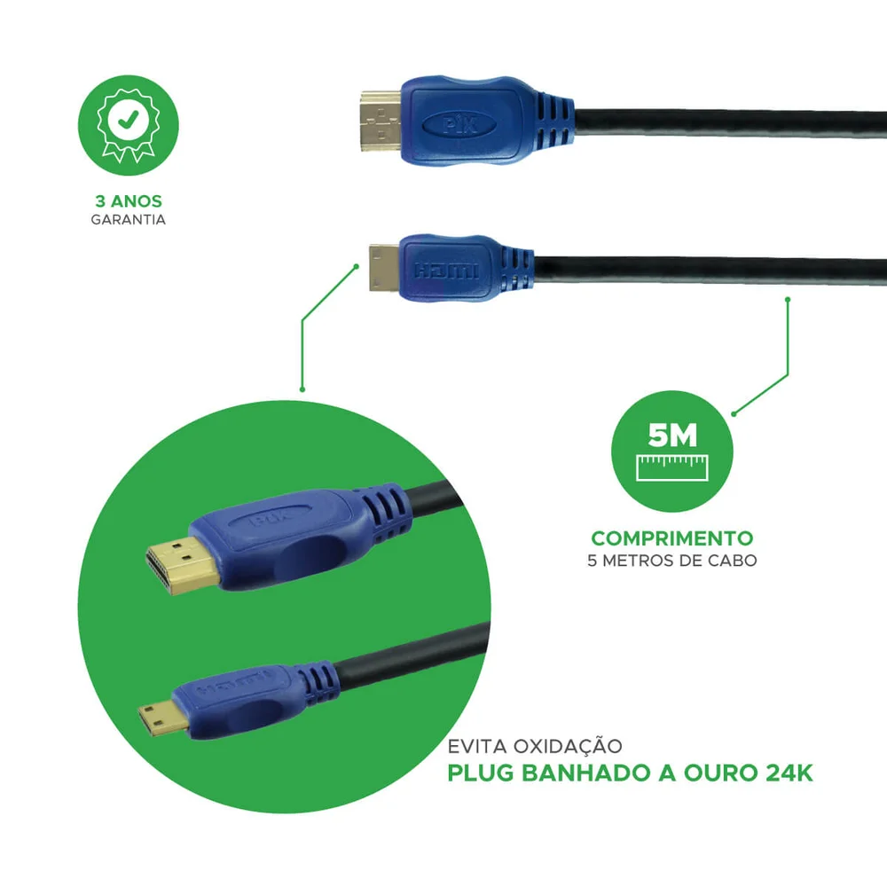 Imagem 2 de 4 do produto Cabo Mini HDMI X HDMI 2.0, Pix, Ultra HD 4K, 3D, HDR, 5 Metros - 018-9402