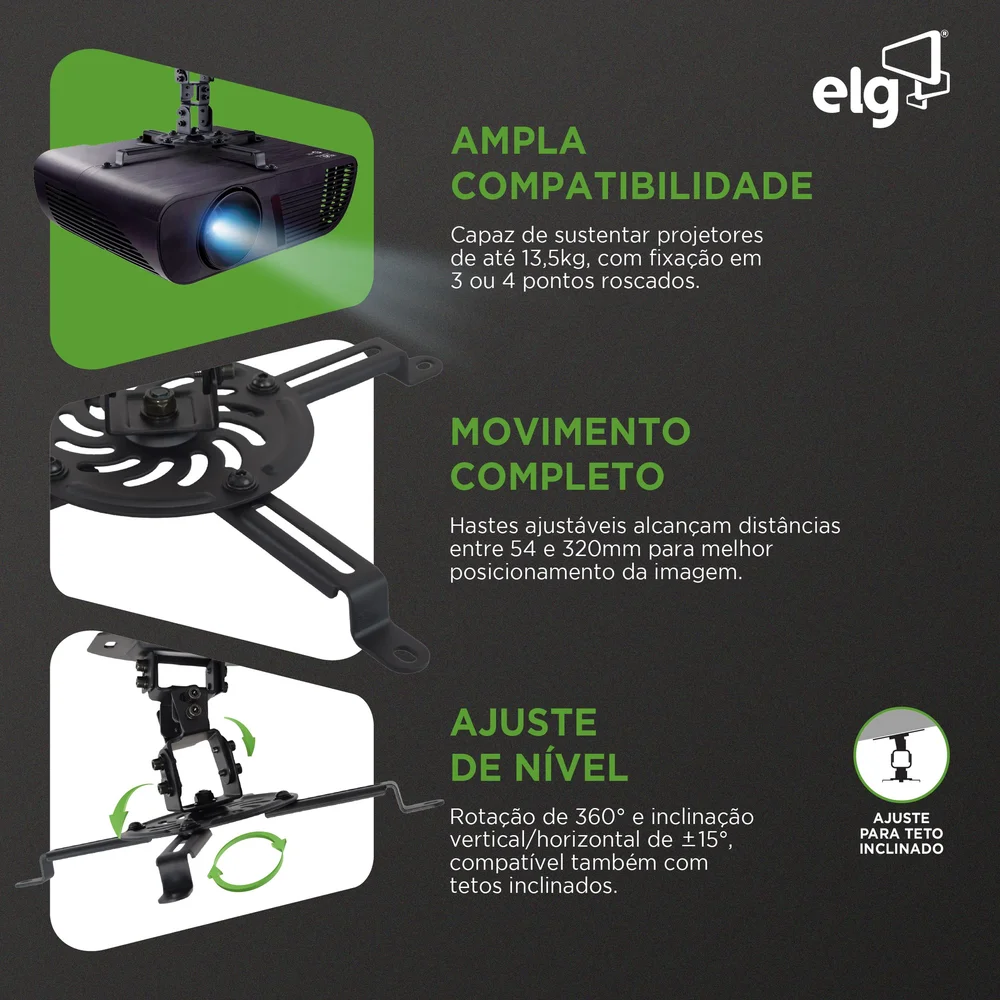 Imagem 2 de 5 do produto Suporte Universal De Teto Para Projetor, Suporte Até 13,5kg, Rotação 360°, Preto, Pro100b, Elg