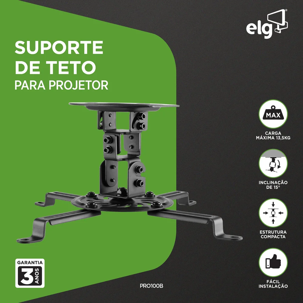 Imagem 4 de 5 do produto Suporte Universal De Teto Para Projetor, Suporte Até 13,5kg, Rotação 360°, Preto, Pro100b, Elg