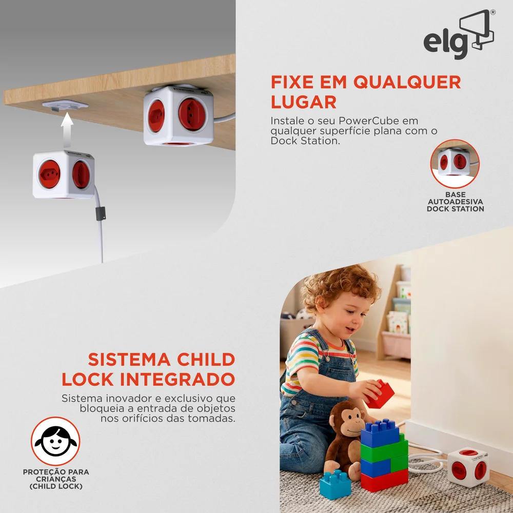 Filtro De Linha Powercube Bivolt, Com 5 Tomadas 10a, Com Proteção Infantil, Cabo 1,5 Metros, Branco E Vermelho, Pwc-x5, Elg