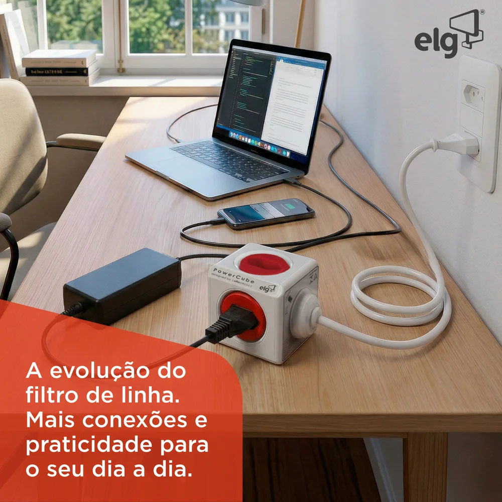 Filtro De Linha Powercube Bivolt, Com 5 Tomadas 10a, Com Proteção Infantil, Cabo 1,5 Metros, Branco E Vermelho, Pwc-x5, Elg