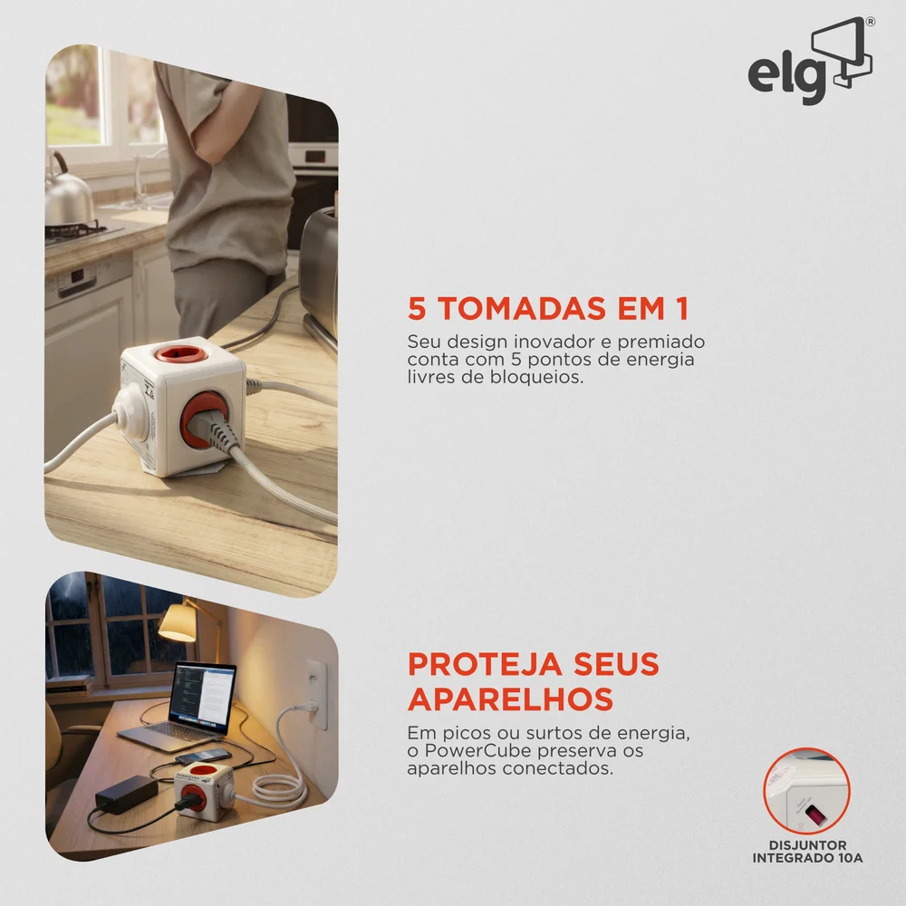 Filtro De Linha Powercube Bivolt, Com 5 Tomadas 10a, Com Proteção Infantil, Cabo 1,5 Metros, Branco E Vermelho, Pwc-x5, Elg