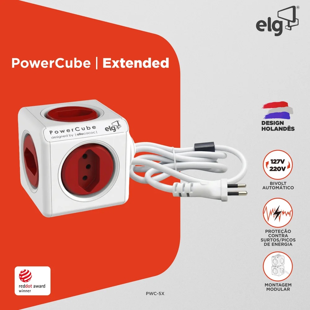 Filtro De Linha Powercube Bivolt, Com 5 Tomadas 10a, Com Proteção Infantil, Cabo 1,5 Metros, Branco E Vermelho, Pwc-x5, Elg
