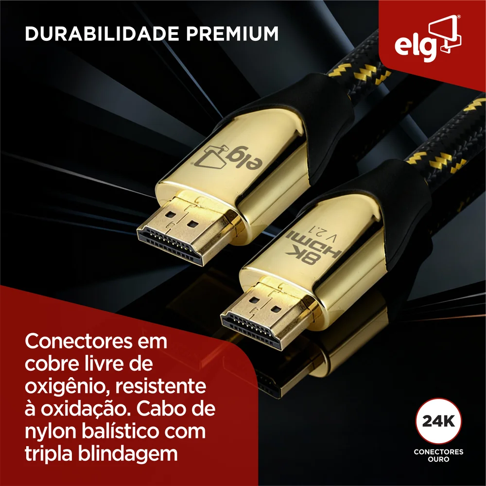 Imagem 2 de 5 do produto Cabo HDMI Elg Hs8k20, 2.1v, 8k, Ultra High Speed, Com Ethernet, 2 Metros