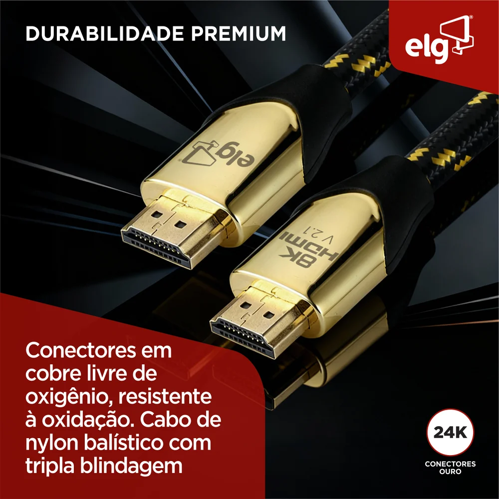 Imagem 2 de 5 do produto Cabo HDMI Elg 2.1v 8k Ultra High Speed Com Ethernet 3 Metros Hs8k30 Elg