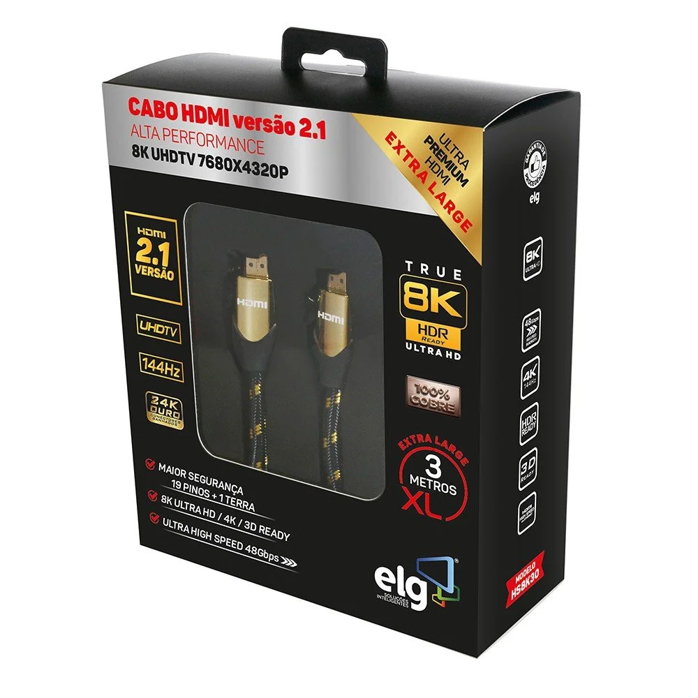 Imagem 3 de 5 do produto Cabo HDMI Elg 2.1v 8k Ultra High Speed Com Ethernet 3 Metros Hs8k30 Elg