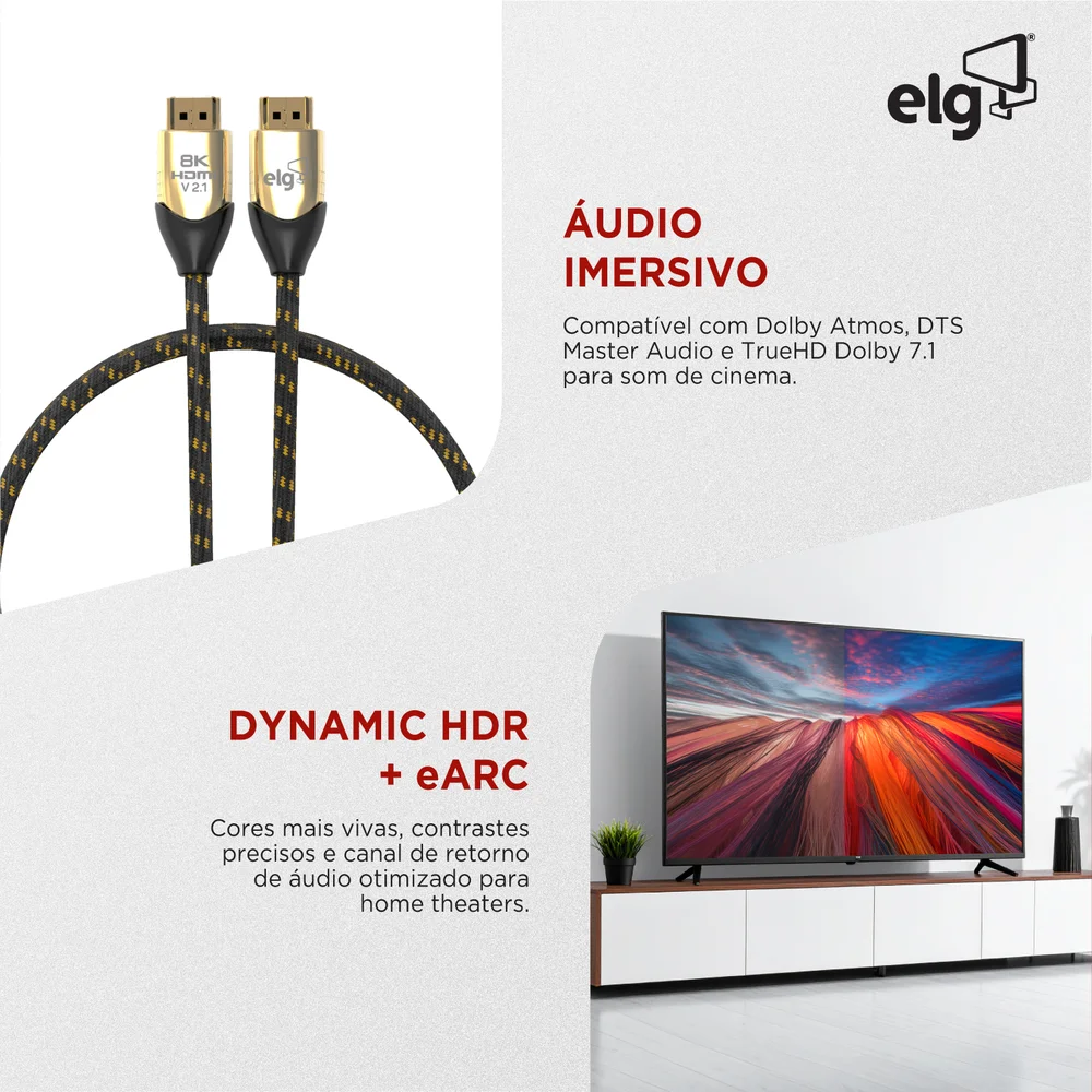 Imagem 4 de 5 do produto Cabo HDMI Elg 2.1v 8k Ultra High Speed Com Ethernet 3 Metros Hs8k30 Elg