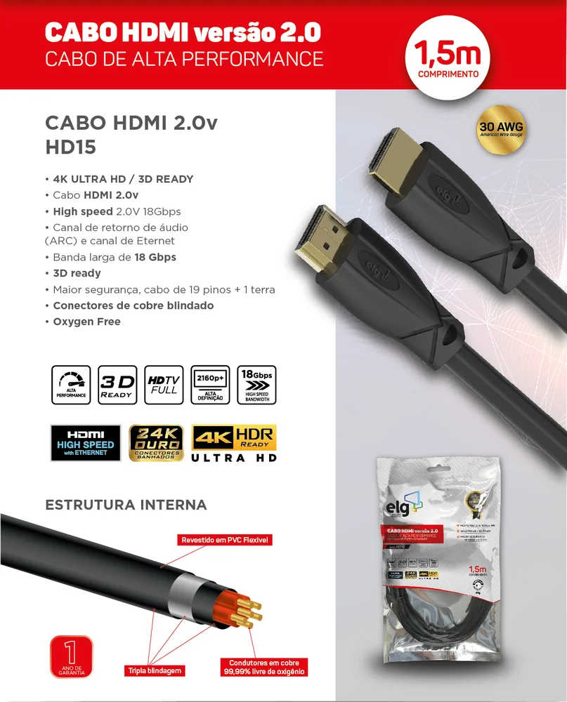 Imagem 3 de 5 do produto Cabo HDMI Elg 2.0v 4k 3d Ready 1.5 Metros Hd15 Colour Spaces