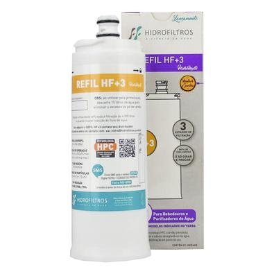 O Refil Hidrofiltros HF+3 une eficiência na filtração com preço competitivo. O elemento filtrante possui alto poder de remoção do cloro livre, sabores