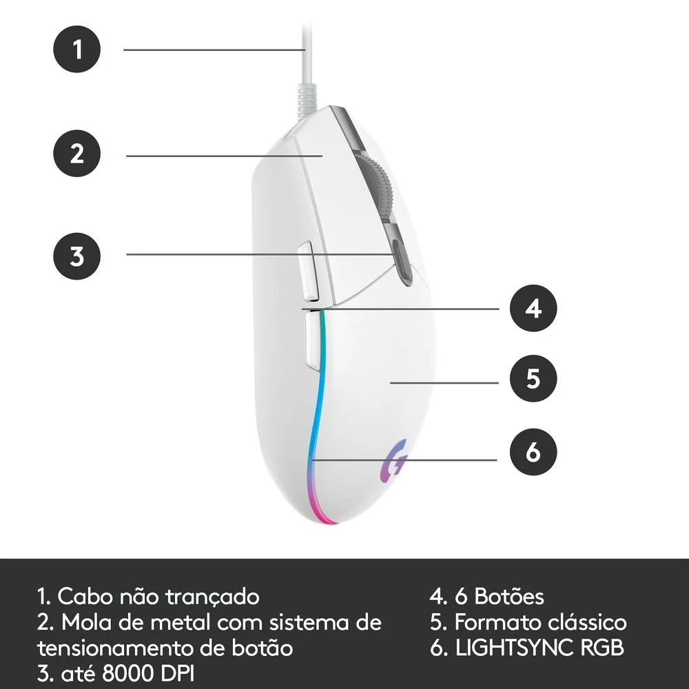 Imagem 3 de 5 do produto Mouse Gamer Logitech G Óptico 8000DPI 6 Botões - G203 Lightsync - Branco