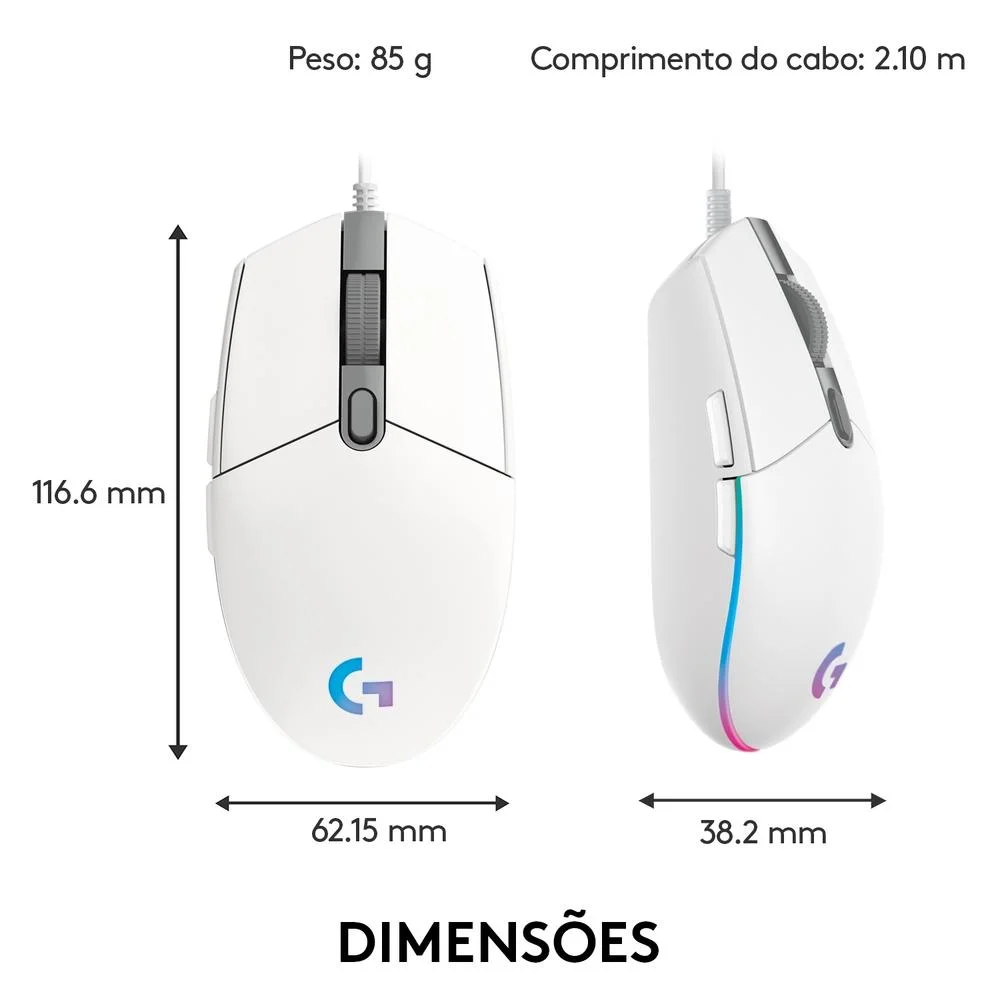 Imagem 4 de 5 do produto Mouse Gamer Logitech G Óptico 8000DPI 6 Botões - G203 Lightsync - Branco