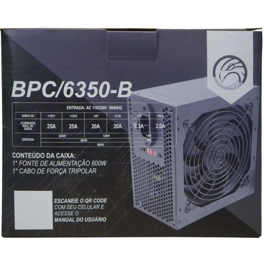 Imagem 2 de 5 do produto Fonte Brasil Pc, ATX, 600W Real, 24 Pinos Box - Bpc/6350