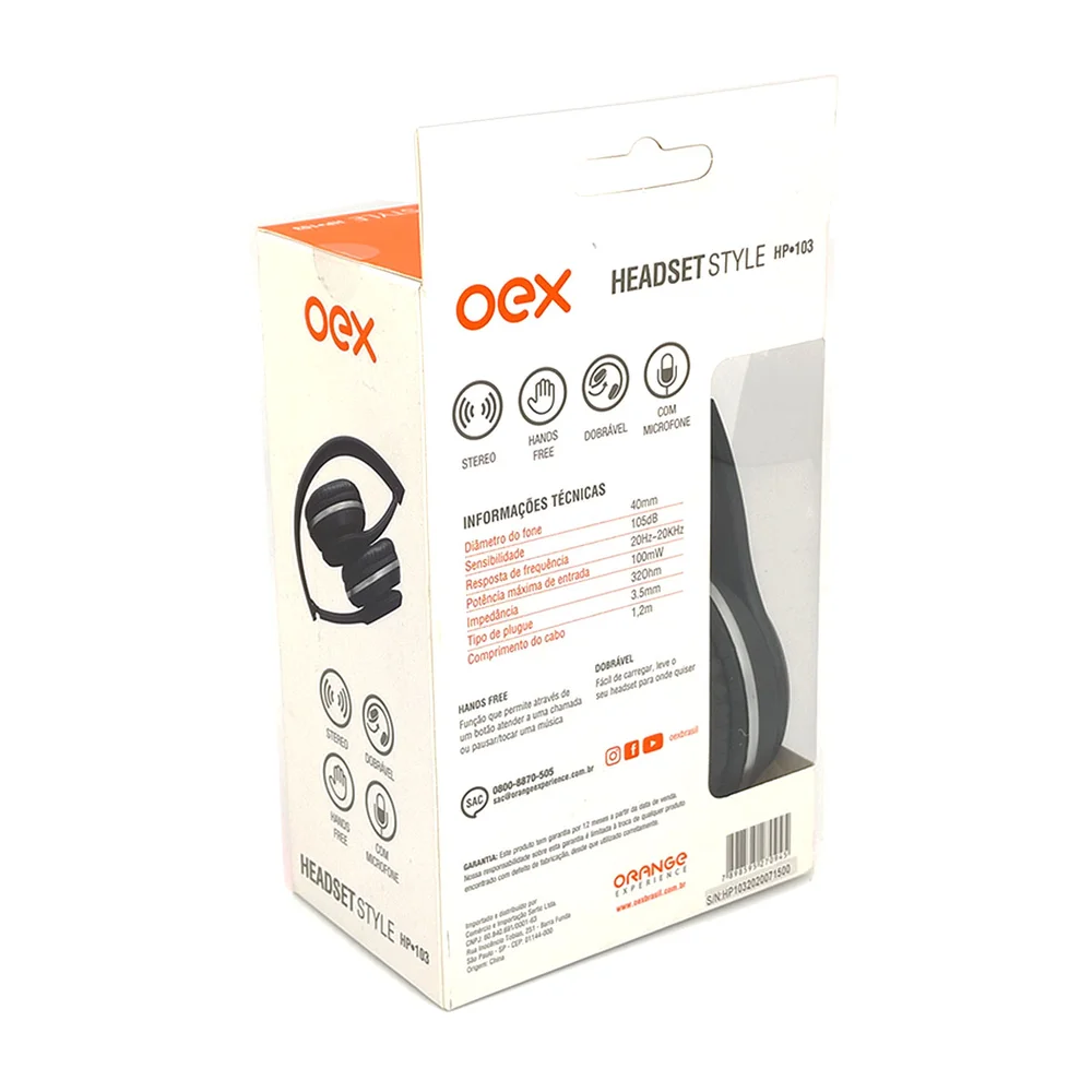 Imagem 5 de 5 do produto Fone De Ouvido Oex Style Hp103, P2 De 3.5mm, Preto Dobrável - Função Hands Free