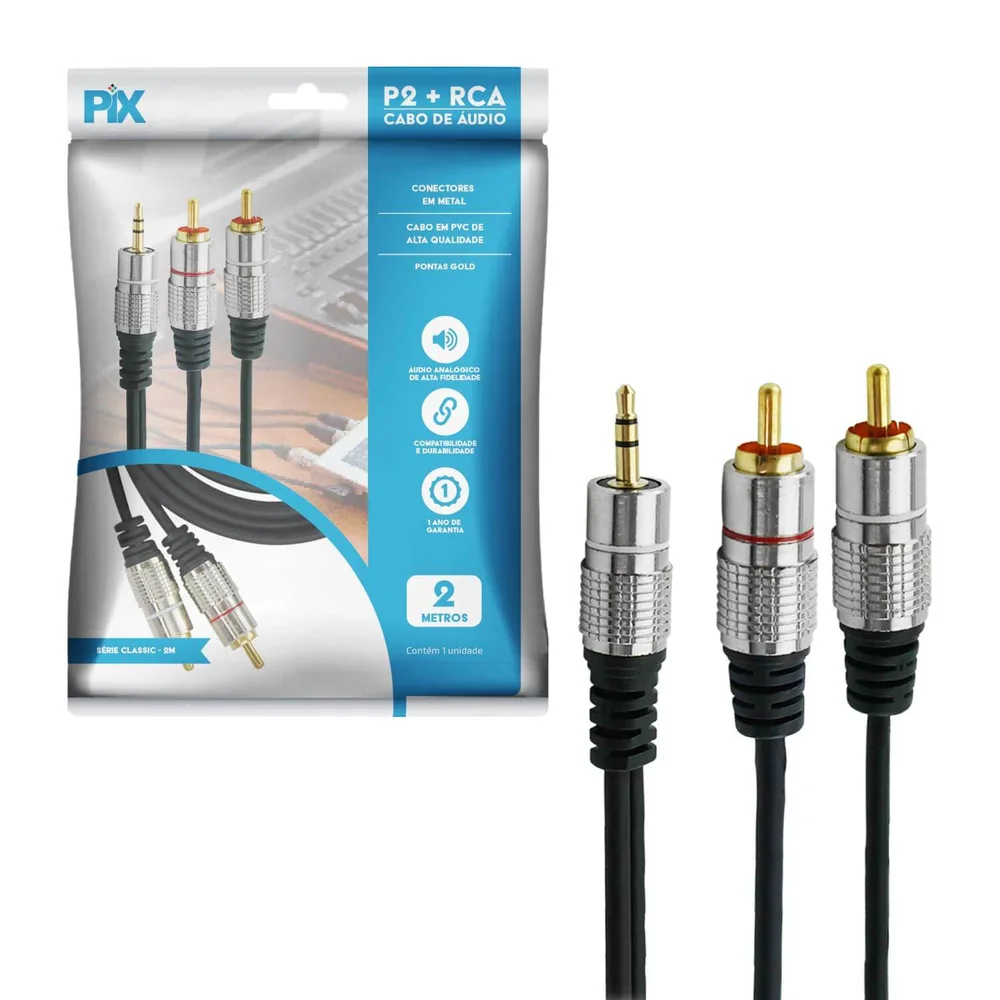 Imagem 3 de 5 do produto Cabo De Audio Chip Sce P2 2 Rca Nickel Fitz 2mts 018-0702 Preto, Santana