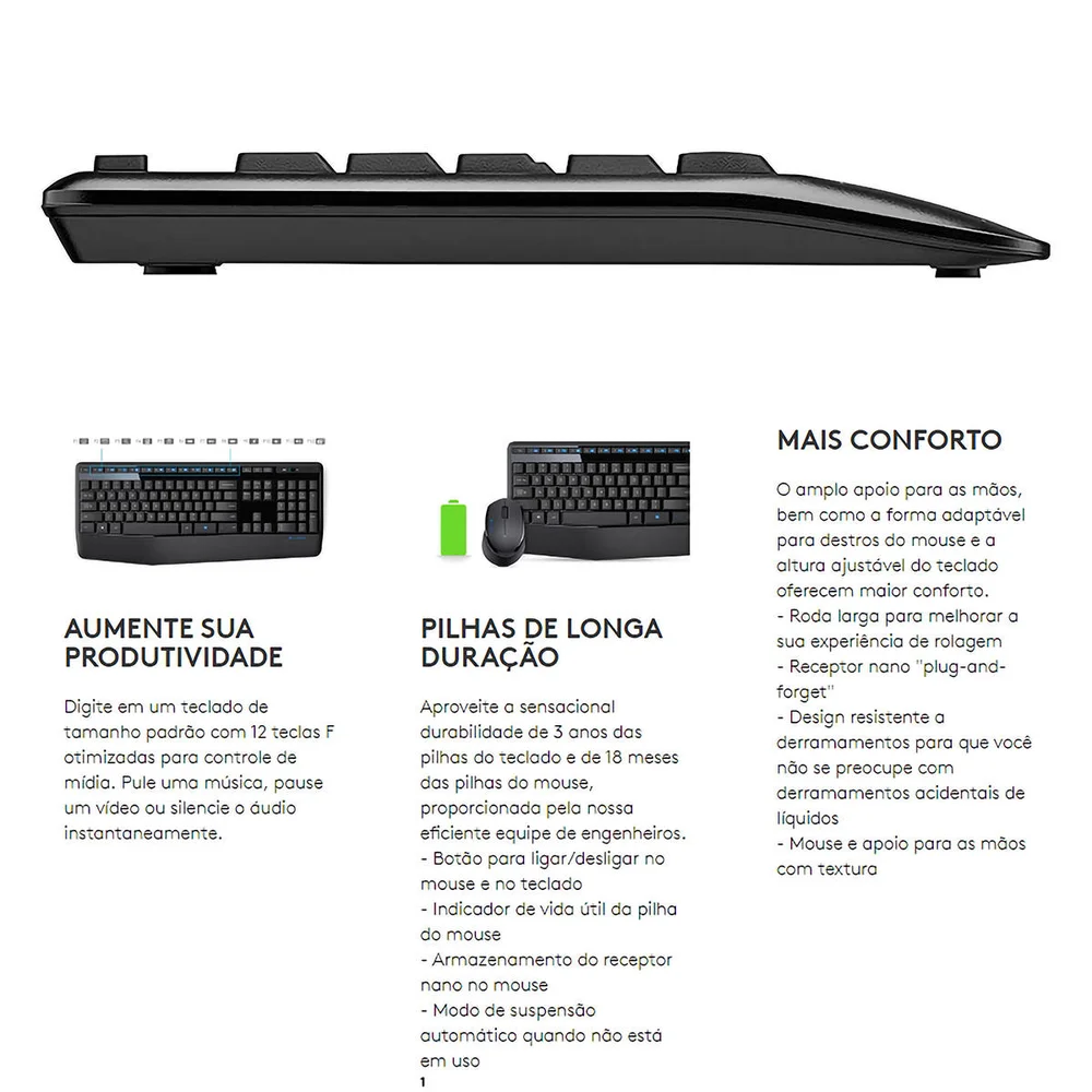 Imagem 2 de 5 do produto Kit Teclado e Mouse Logitech Mk345, Sem Fio, ABNT2, Preto - 920-007821