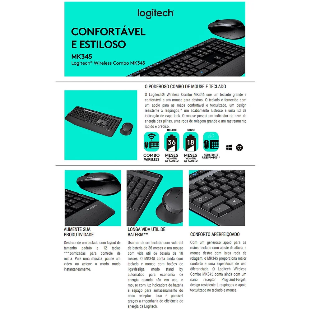 Imagem 4 de 5 do produto Kit Teclado e Mouse Logitech Mk345, Sem Fio, ABNT2, Preto - 920-007821