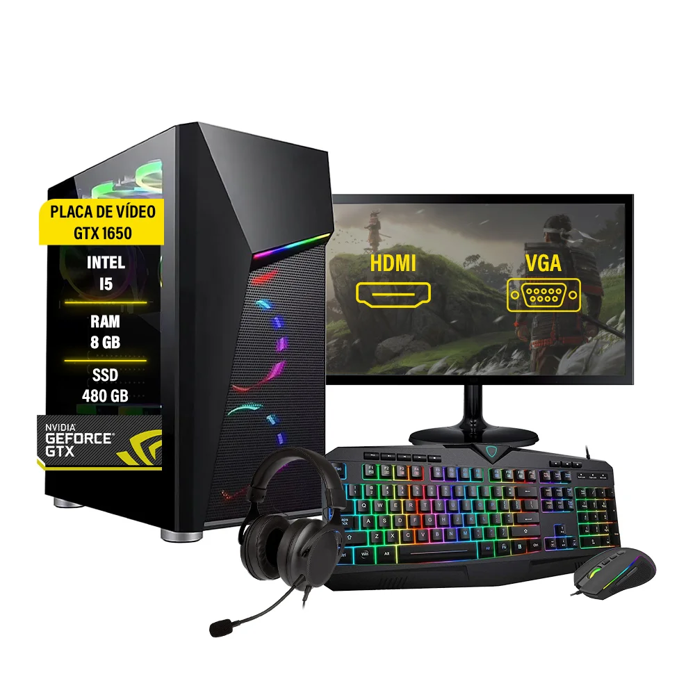 PC Gamer Amorim I5 4ª GTX 1650, 8GB, SSD 480GB, com Monitor 27" e Kit Gamer