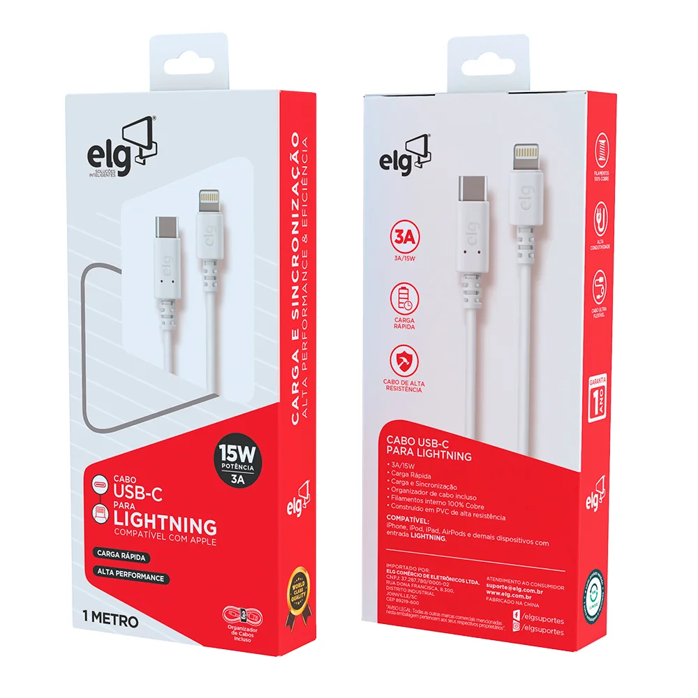 Imagem 3 de 5 do produto Cabo Usb-c Para Lightning, Carga Rápida 15w 3a, 1 Metro, Branco, Tcl10, Elg