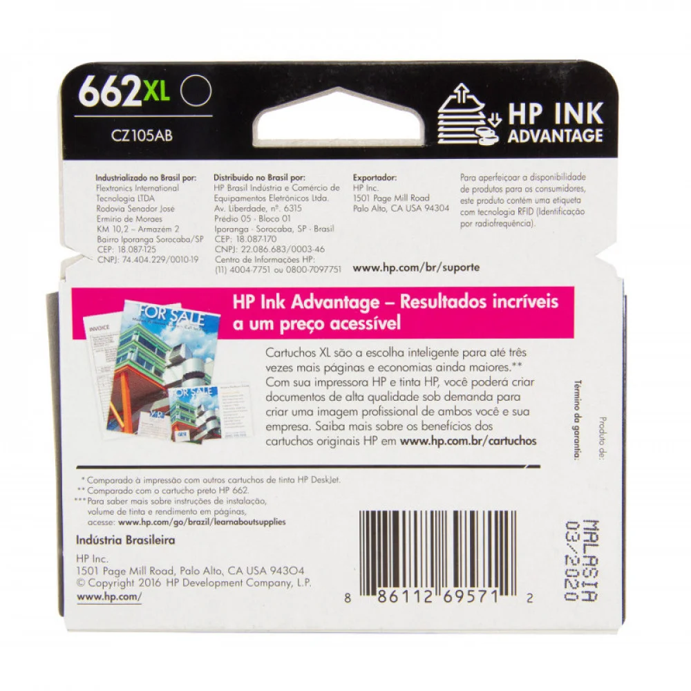 Imagem 2 de 4 do produto Cartucho de Tinta HP 662XL Preto, Para 1516, 2516, 3516, 2546, 3546 - CZ105AB
