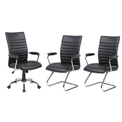 Conjunto Com 1 Cadeira Presidente E 2 Cadeiras Interlocutores Em Couro Pu Pel-9023h/v Pretas