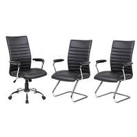 Conjunto Com 1 Cadeira Presidente E 2 Cadeiras Interlocutores Em Couro Pu Pel-9023h/v Pretas