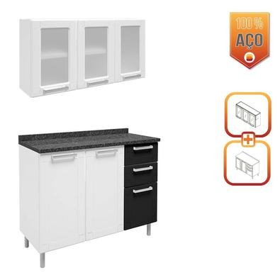 Cozinha de Aço Bertolini Multipla com Armario Aereo c/Vidro e Balcao 6 Portas 2 Gavetas Branco/Preto Já pensou em um kit para a sua cozinha com design