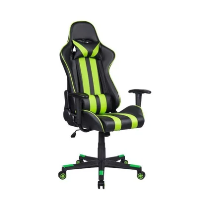 Cadeira Gamer Pelegrin, Até 150Kg, Reclinável, com Almofada, Em Couro Pu, Preta e Verde - Pel-3013