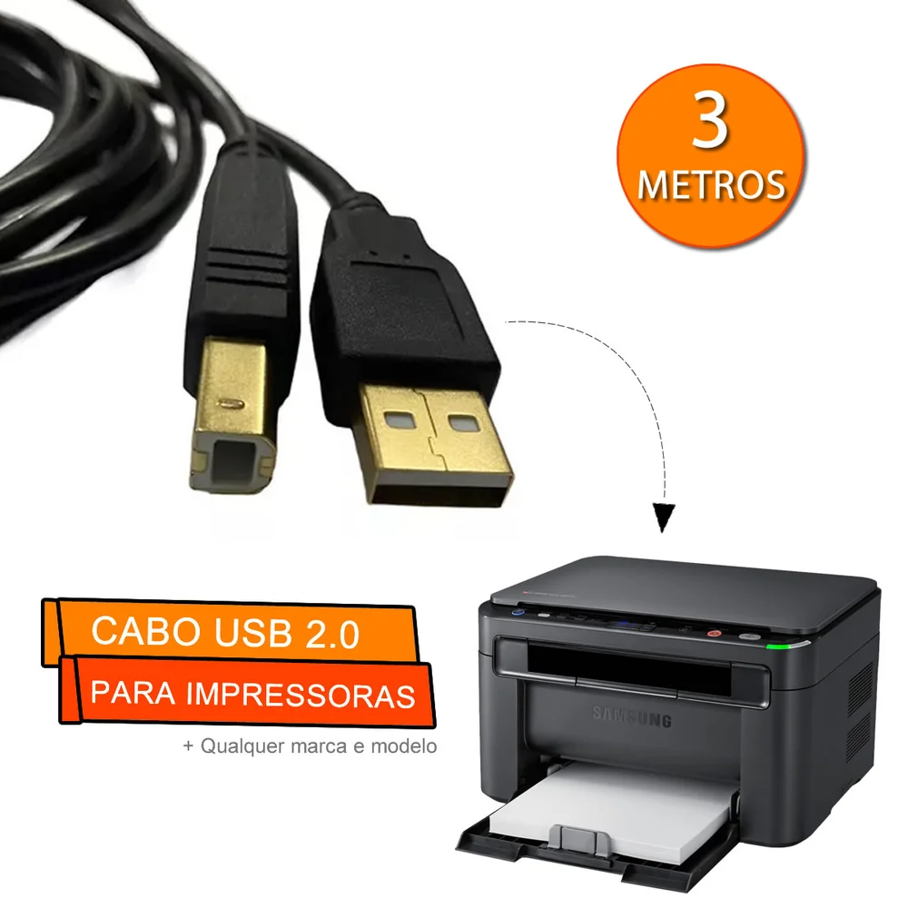 Imagem 2 de 5 do produto Cabo Usb 2.0 A macho X B macho Impressora 3 Metros Plugs Ouro Preto