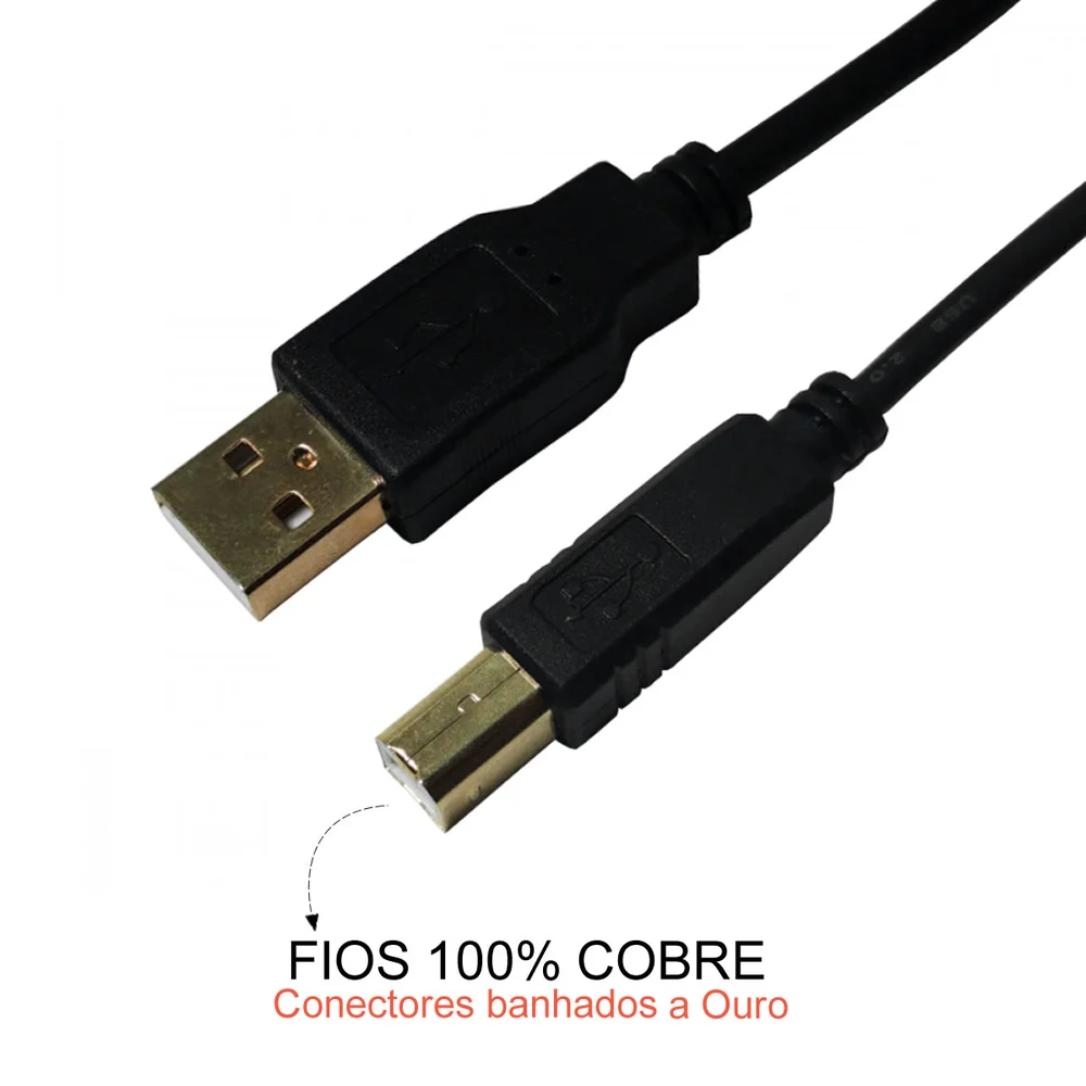 Imagem 3 de 5 do produto Cabo Usb 2.0 A macho X B macho Impressora 3 Metros Plugs Ouro Preto