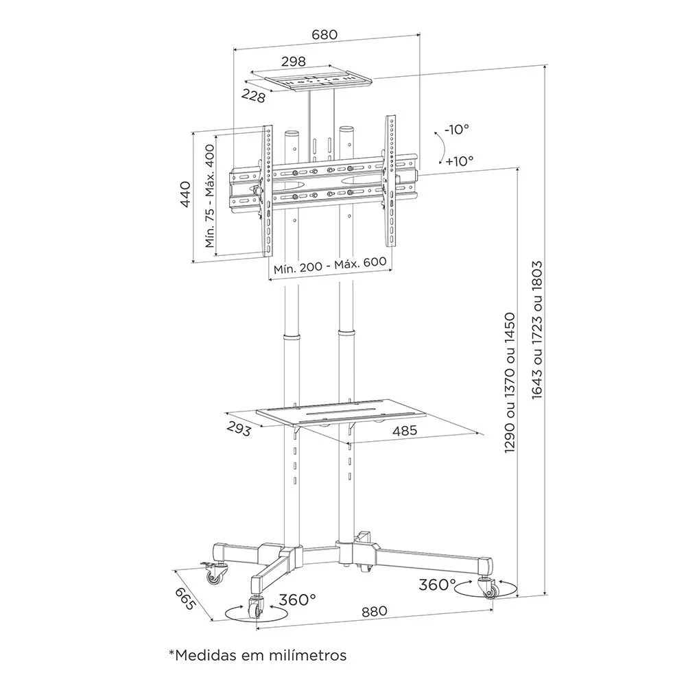Imagem 2 de 4 do produto Pedestal Para Tv 32 A 75 Suporte Com Rodízios Cts600