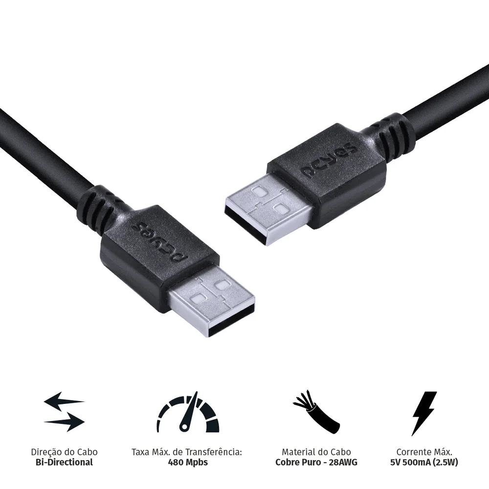 Imagem 4 de 4 do produto Cabo De Dados Usb A 2.0 Macho Para Usb A 2.0 Macho 28awg Puro Cobre 2 Metros - Puam2-2