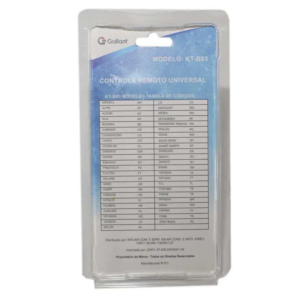 Imagem 2 de 4 do produto Controle Remoto Gallant Universal, Para Ar Condicionado, Branco