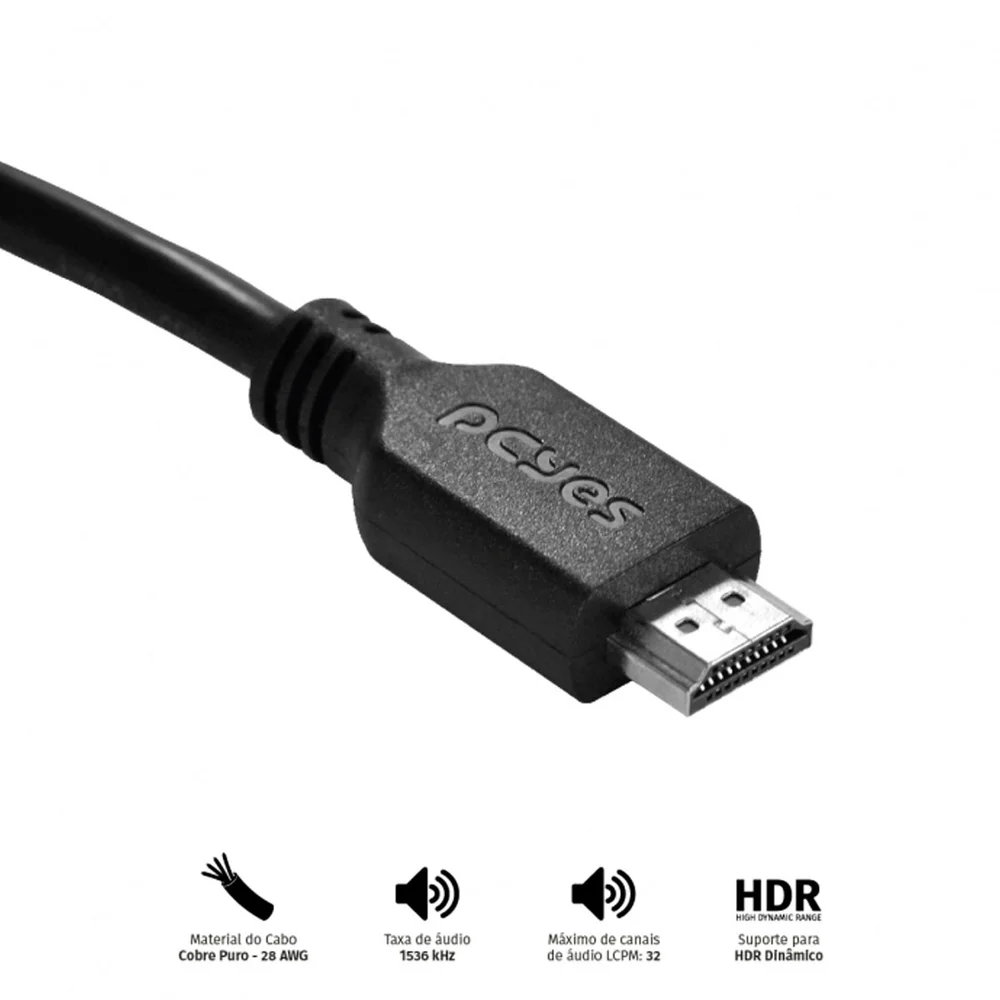 Imagem 2 de 5 do produto Cabo de Vídeo HDMI Pcyes, Ultra 2.1 28AWG, Puro Cobre, 8K, 1M - PHM21-1