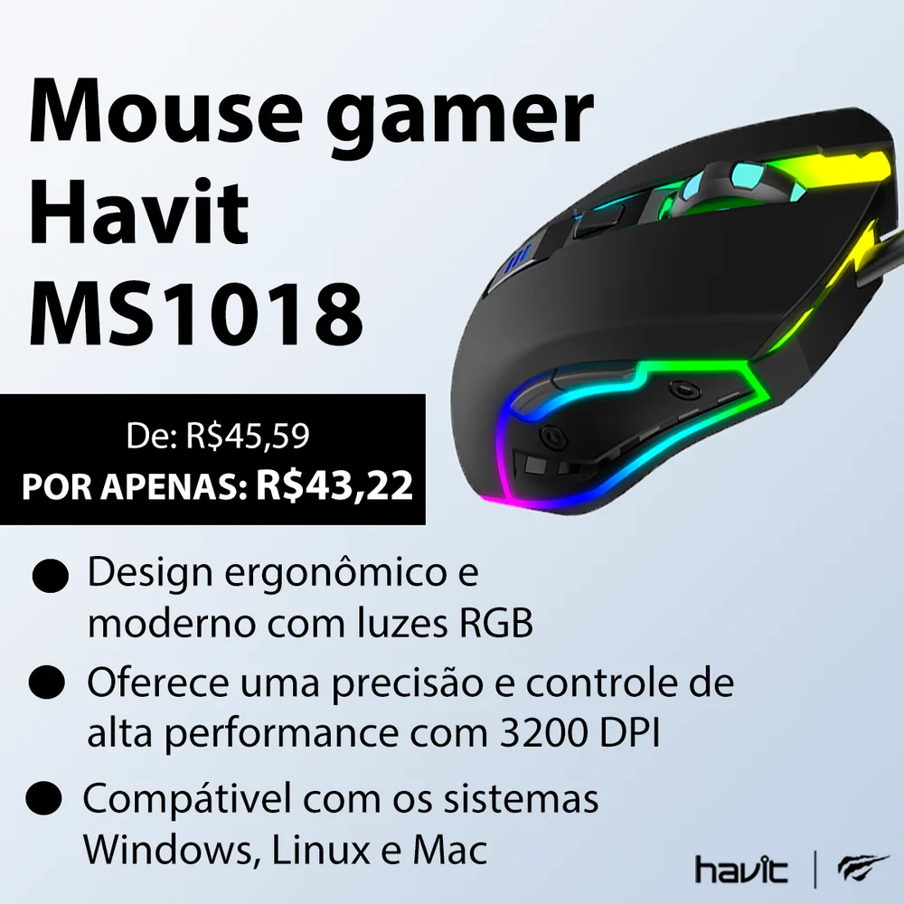 Imagem 2 de 5 do produto Mouse Gamer Havit Ms1018, RGB, 3200 DPI, 6 Botões - Hv-Ms1018