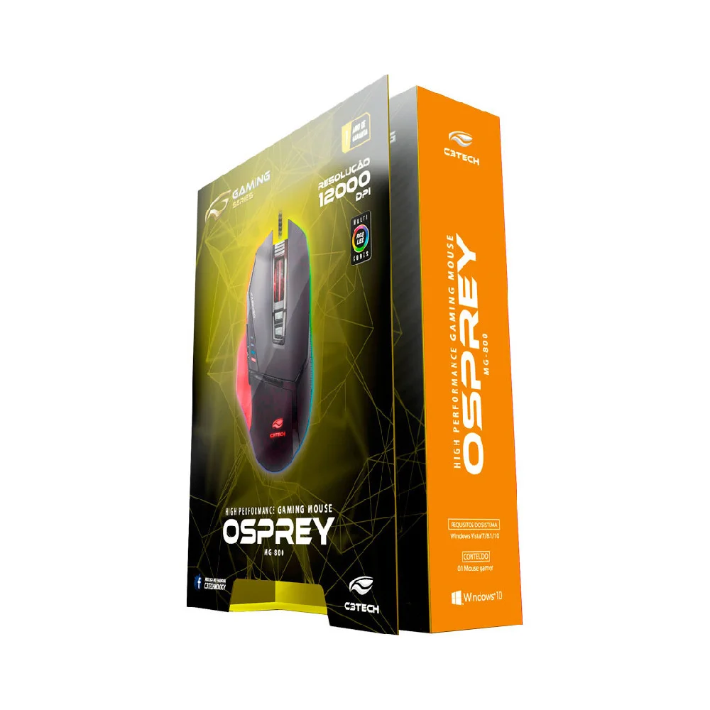 Imagem 5 de 5 do produto Mouse Gamer C3Tech Osprey, LED, 12000 DPI, 8 Botões, Preto - MG-800BK