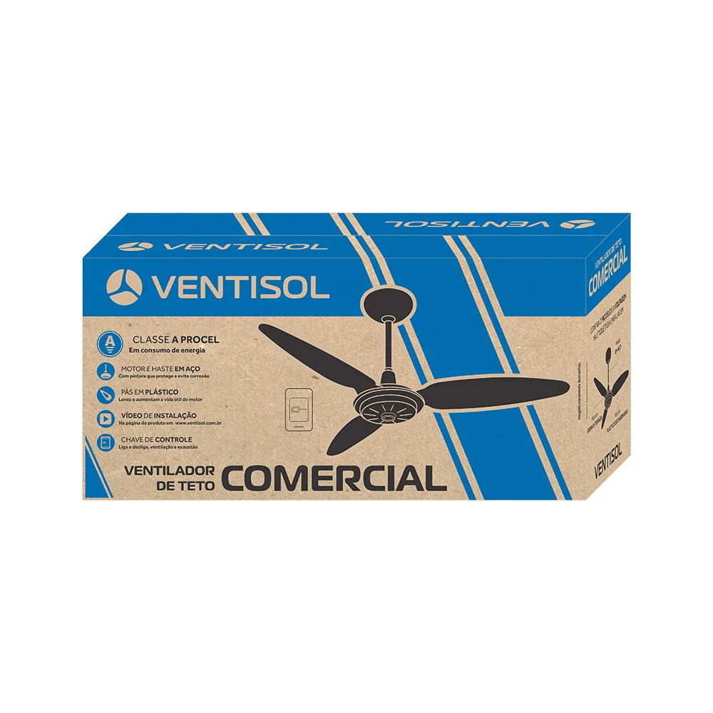 Imagem 3 de 5 do produto Ventilador De Teto Ventisol Comercial, Preto, 3 Pas 130w, Classe A, 220v, 427
