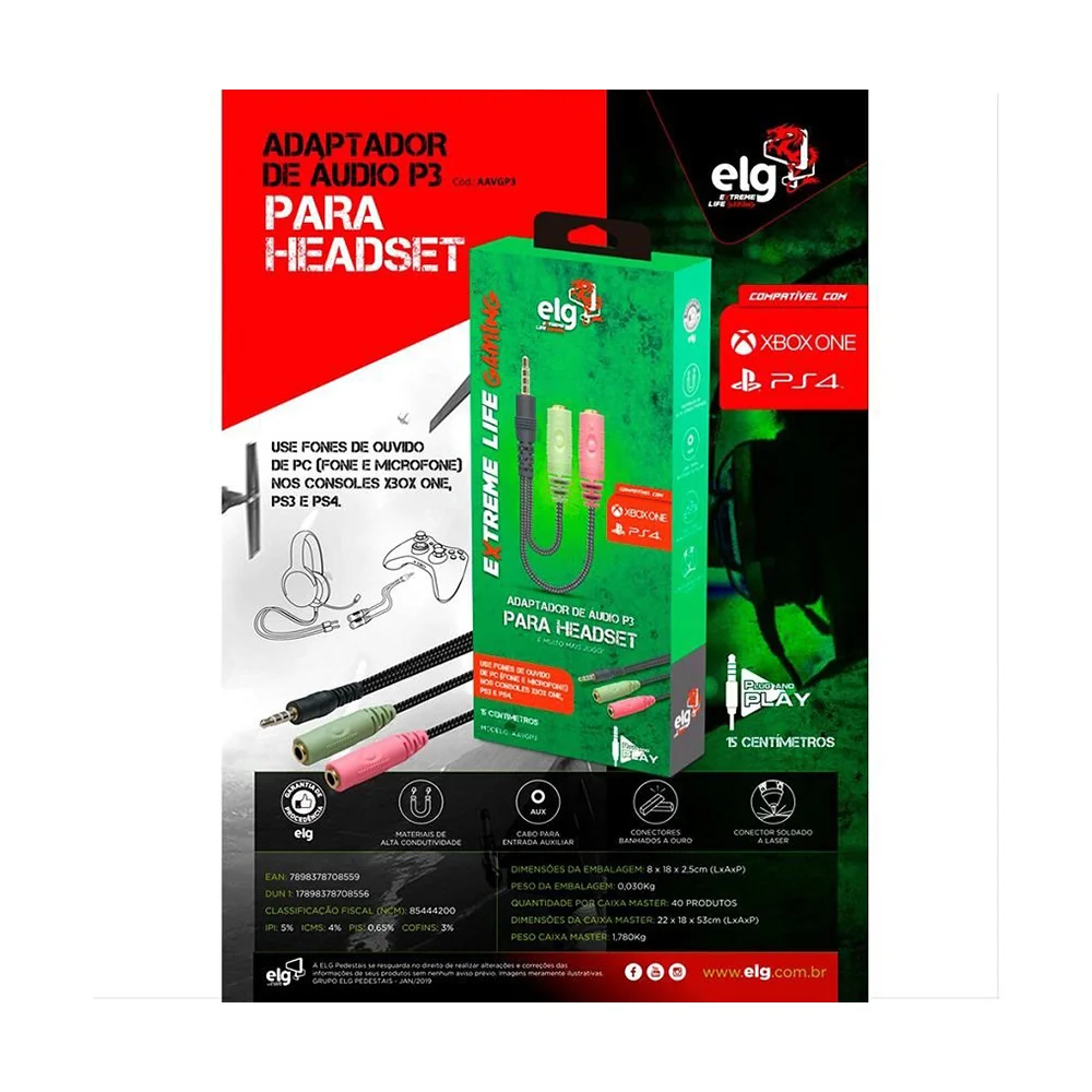 Imagem 3 de 5 do produto Adaptador De Áudio Para Headset P2/p3 Xbox One S , Ps3 E Ps4
