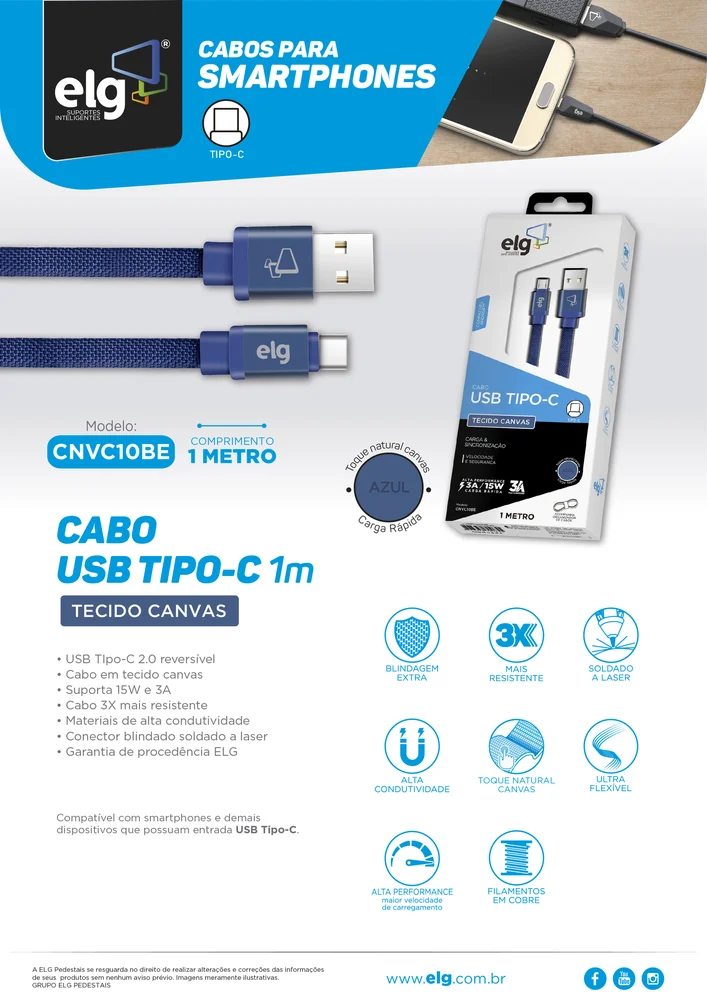 Imagem 3 de 4 do produto Cabo De Dados Tipo-c 1m Cnvc10be Canvas Elg