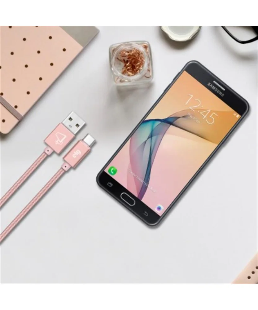 Imagem 2 de 5 do produto Cabo Usb Tipo-c, Carga Rápida 15w 3a, Nylon Trançado Flat, Ultra Flexível, 1 Metro, Rose Gold, Tc10brg, Elg