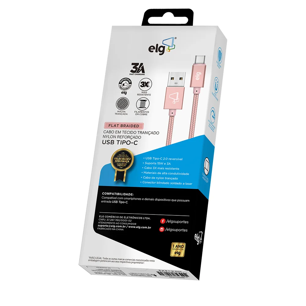 Imagem 3 de 5 do produto Cabo Usb Tipo-c, Carga Rápida 15w 3a, Nylon Trançado Flat, Ultra Flexível, 1 Metro, Rose Gold, Tc10brg, Elg