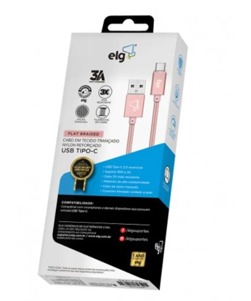 Imagem 4 de 5 do produto Cabo Usb Tipo-c, Carga Rápida 15w 3a, Nylon Trançado Flat, Ultra Flexível, 1 Metro, Rose Gold, Tc10brg, Elg