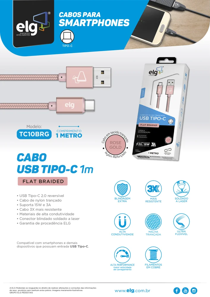 Imagem 5 de 5 do produto Cabo Usb Tipo-c, Carga Rápida 15w 3a, Nylon Trançado Flat, Ultra Flexível, 1 Metro, Rose Gold, Tc10brg, Elg