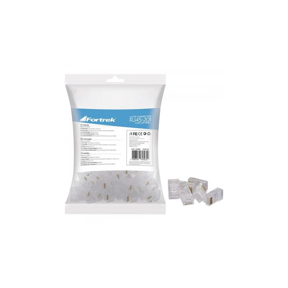 Conector Fortrek Rj45-201, Pacote C/ 100 Peças, Macho Cat5e