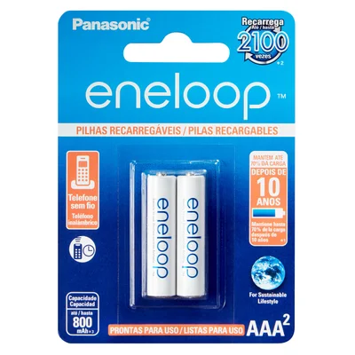 Pilha Recarregável AAA Panasonic, 2 Unidades, 800mA - BK-4MCCE/2B